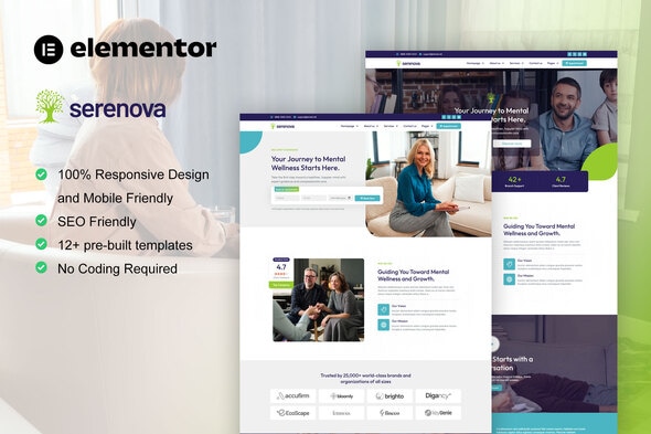 Serenova - Psychology &amp; Mental Health Elementor Pro Template Kit
